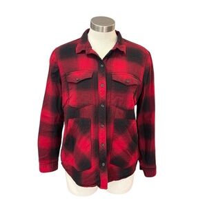 Eddie Bauer Womens Shirt Shacket Red Black Button Up Sherpa Lined Plaid Sz. L